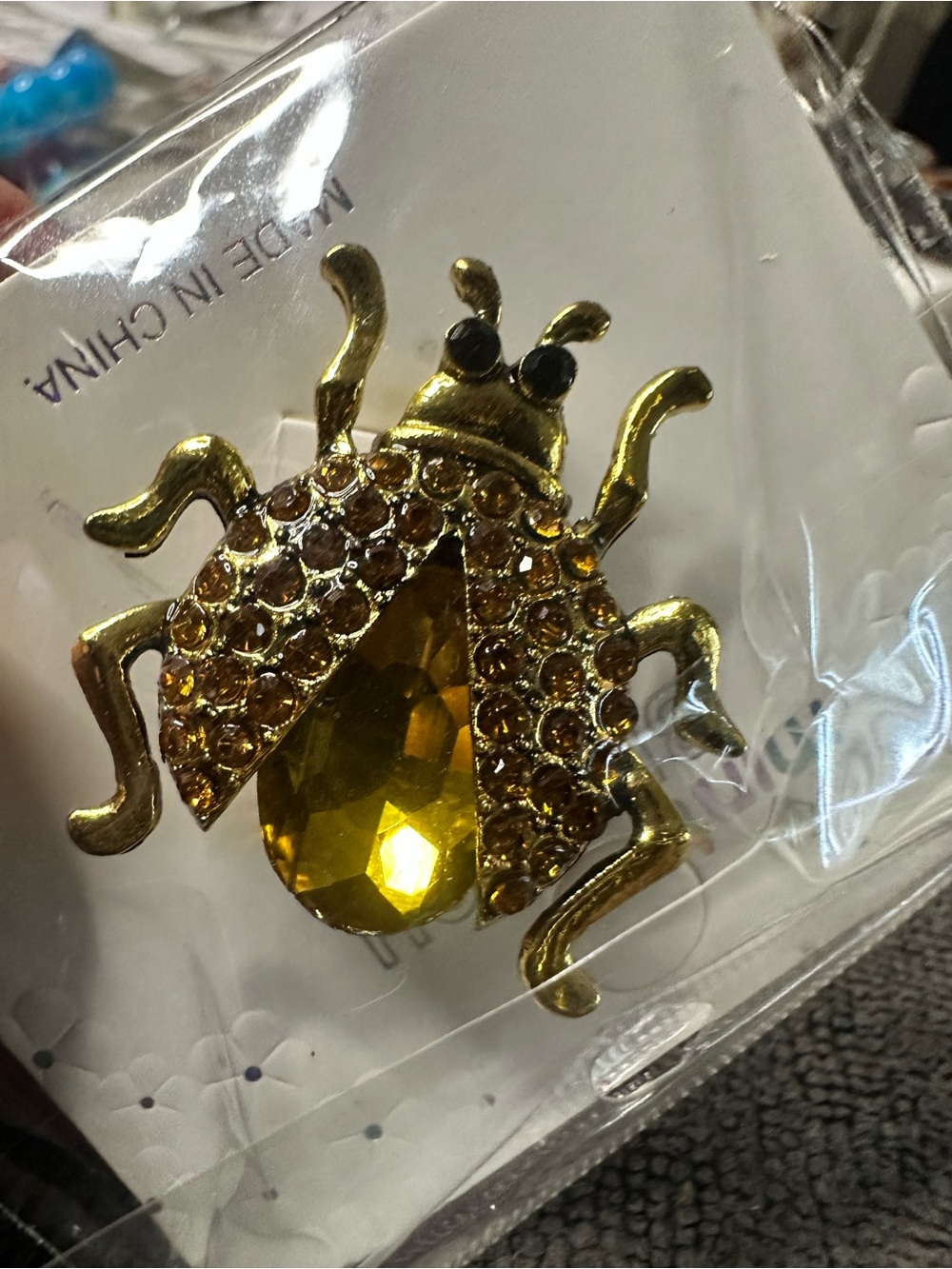 Gold-Tone Yellow Crystal Beetle Brooch by